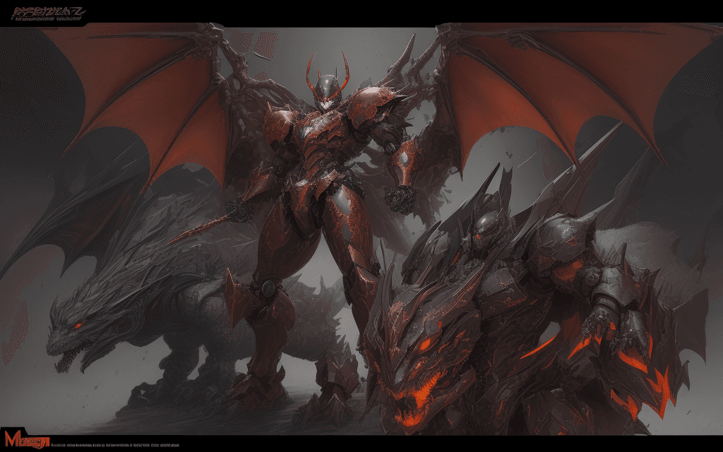 AI generated: dark knight game art, in the style of mecha anime, light bronze and red, rococo-inspired art, sharp ...