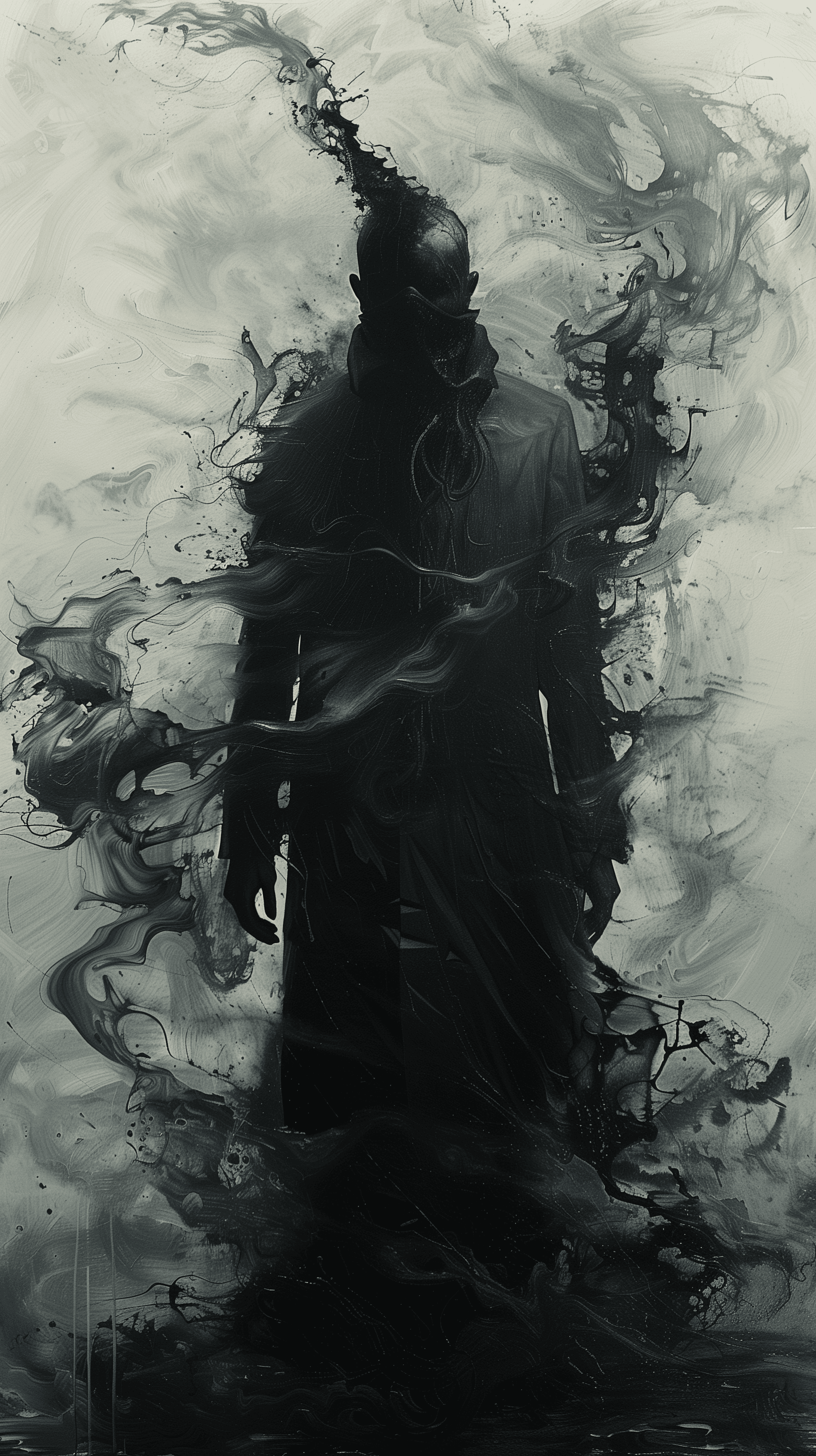 AI generated: create an eerie, spectral figure enveloped in dark, swirling tendrils of smoke and shadow, reminisce...