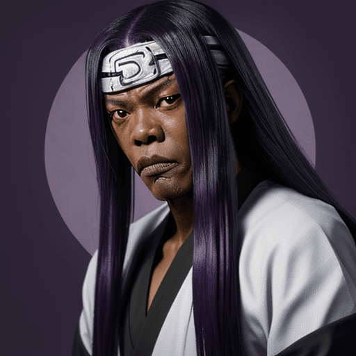 AI generated: Orochimaru from naruto with the face of samuel l jackson. purple background