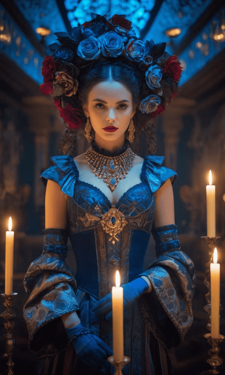 AI generated: best quality, 4k, highres, masterpiece, ultra-detailed, realistic, girl in blue and gold dress, in r...