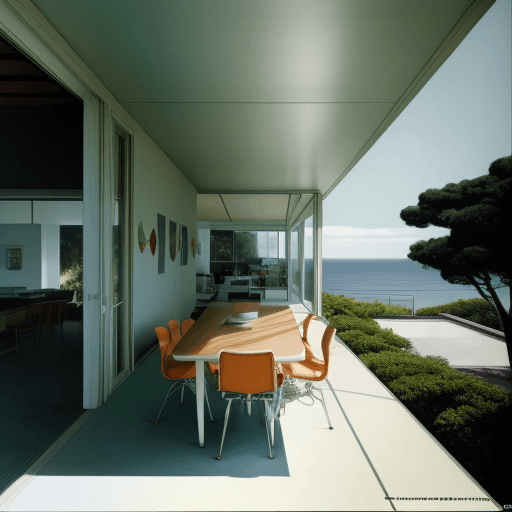 AI generated: Hyper realistic eye level exterior photo of a mid century modern style house overlooking the ocean, ...