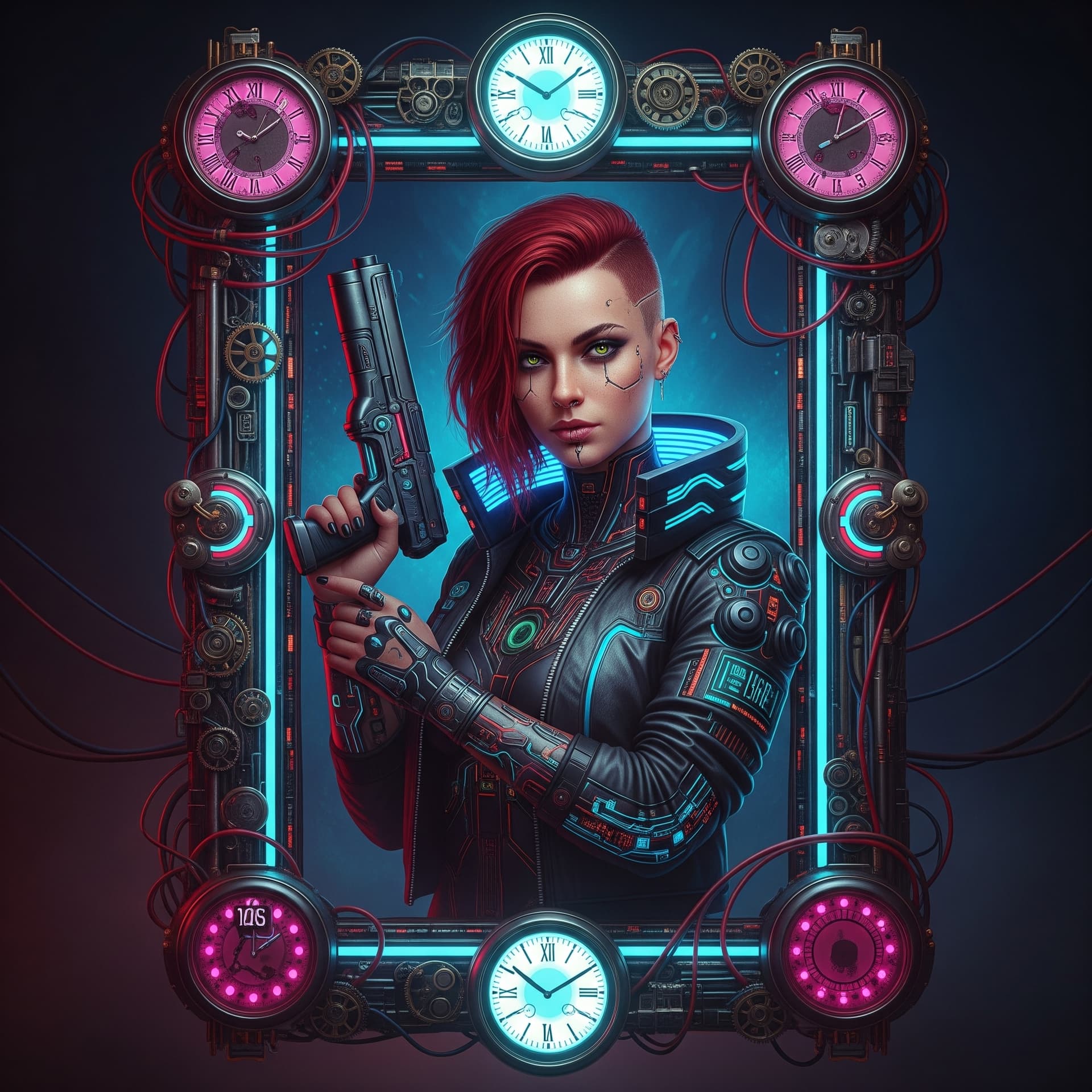 AI generated: "(Tarot card) frame built from cyberpunk clocks, meticulously crafted with exposed gears, wires, and...