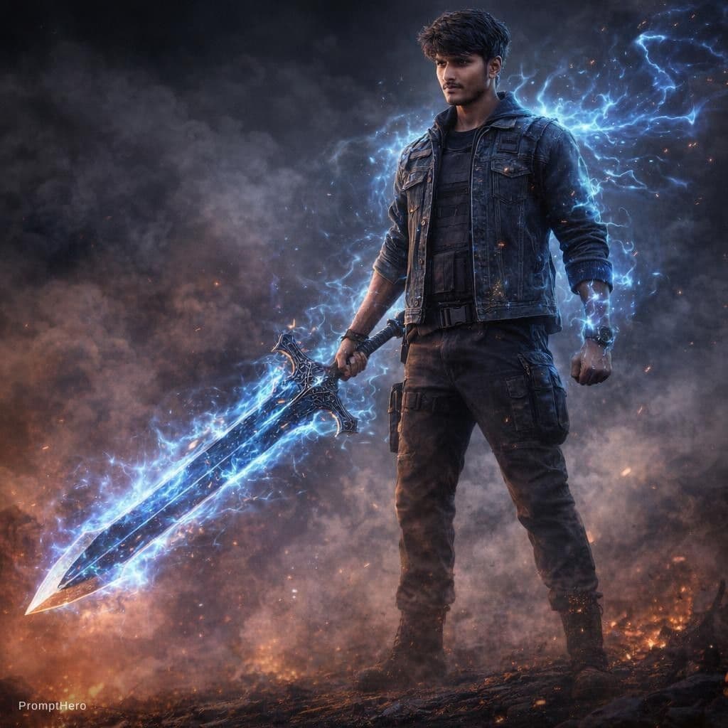 AI generated: A rugged warrior stands confidently, wielding an enormous enchanted sword surrounded by glowing blue...