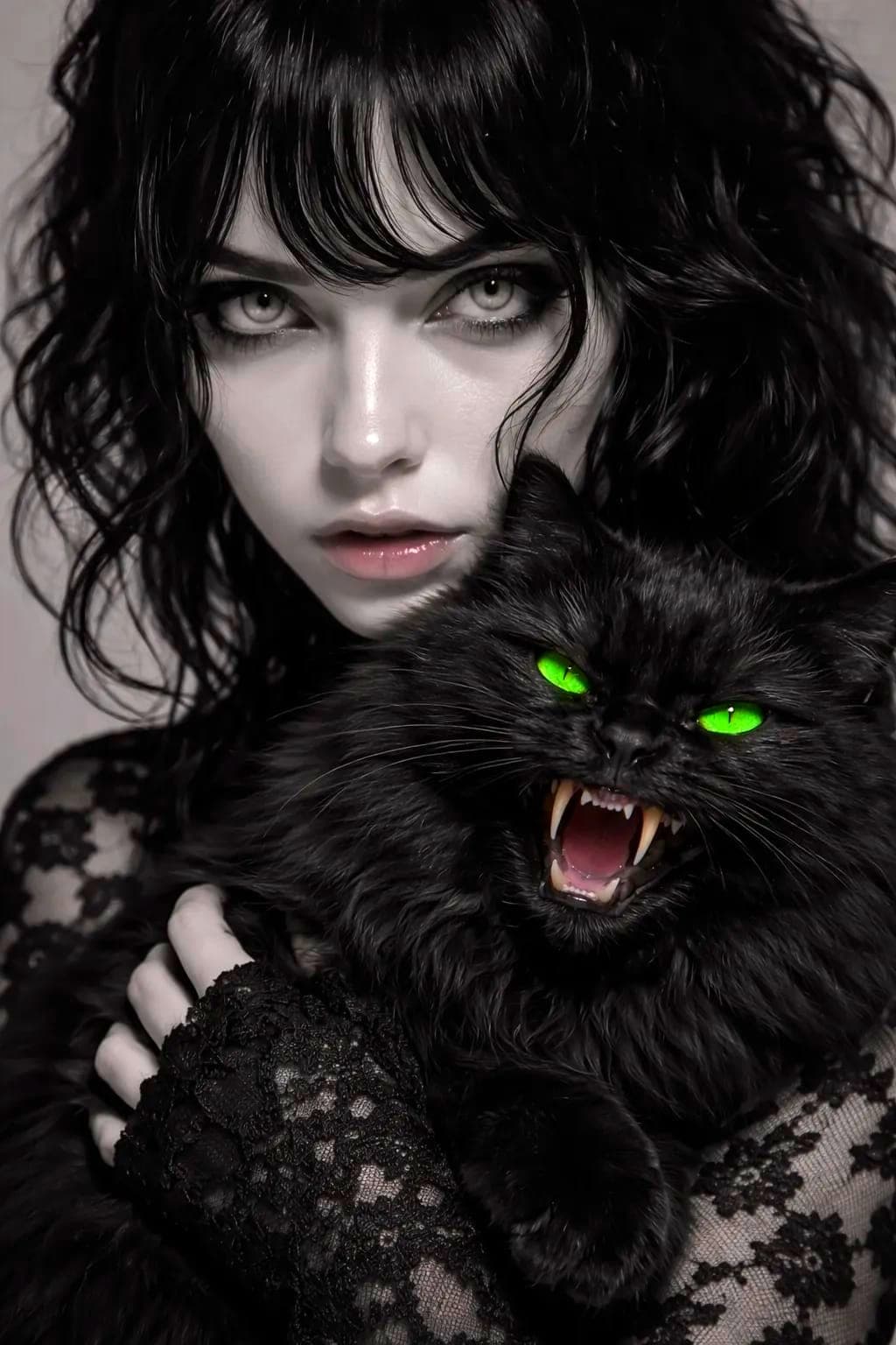 AI generated: The scene depicts a dark, moody portrait featuring a woman holding a menacing black cat. The backgro...