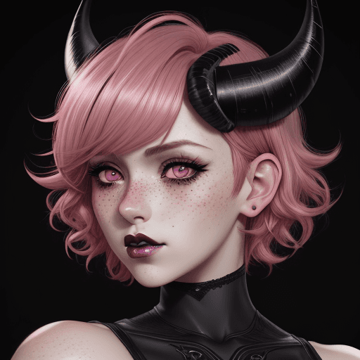 AI generated: anime style, Handsome woman with pink medium short curly hair, freckles, revealing her big deep pink...