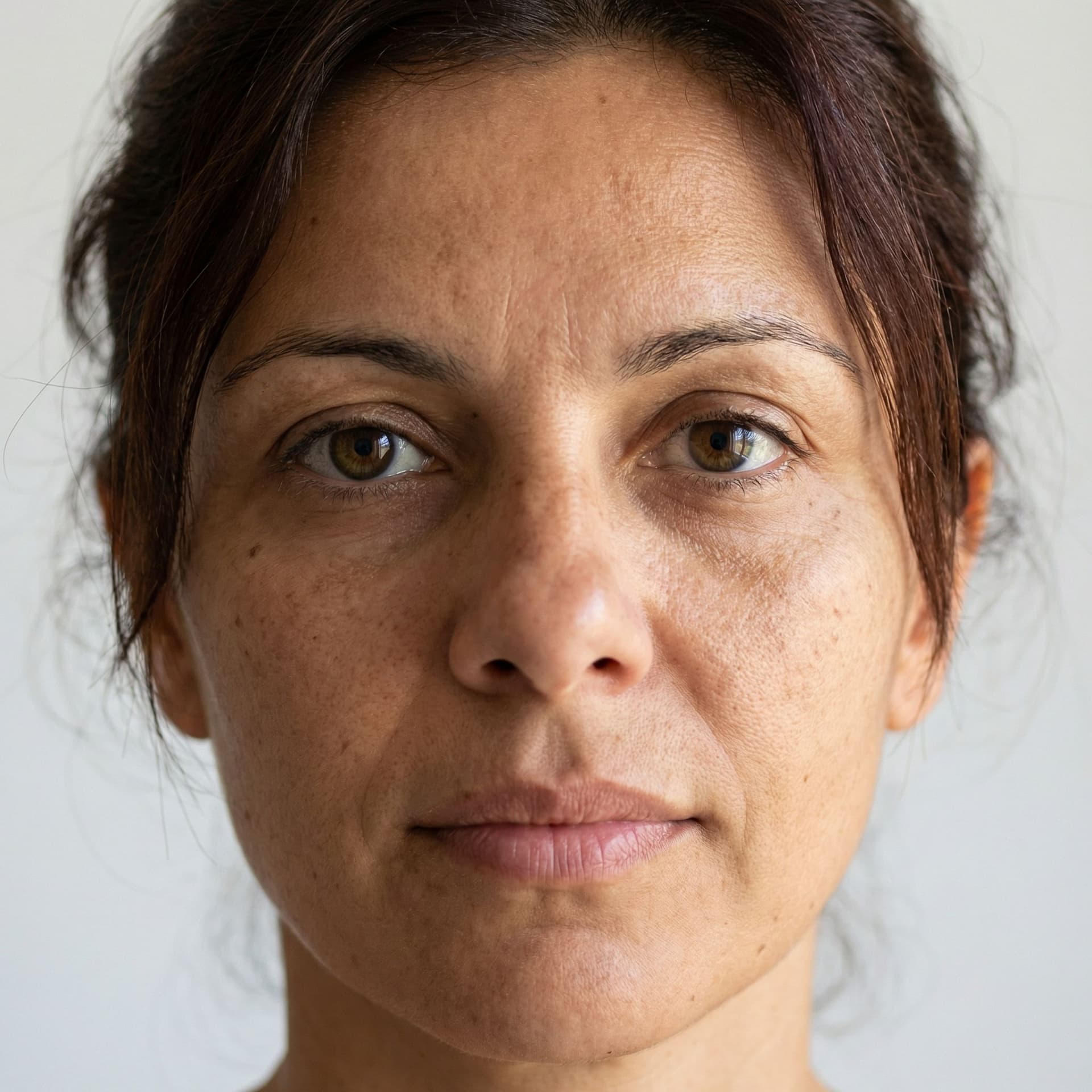 AI generated: Create an extreme close-up, ultra-photorealistic portrait of a real adult woman with Southern Europe...