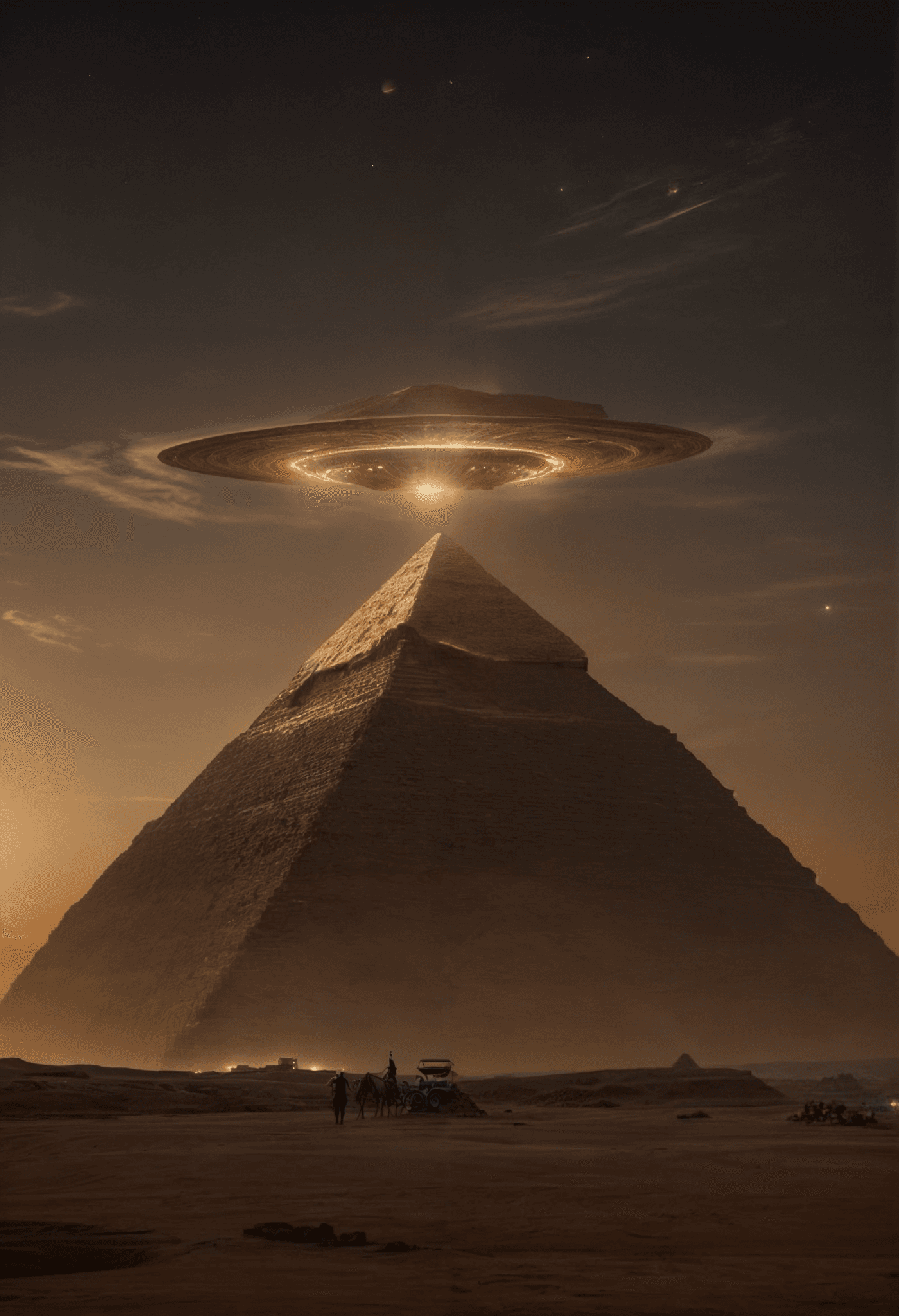 AI generated: UFO hovering over Egyptian pyramids,epic ,in the ancient egypt