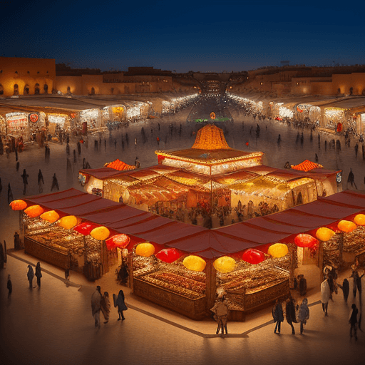 AI generated: A realistic view of Jemaa el-Fna square in Marrakech, filled with food stalls, street musicians and ...