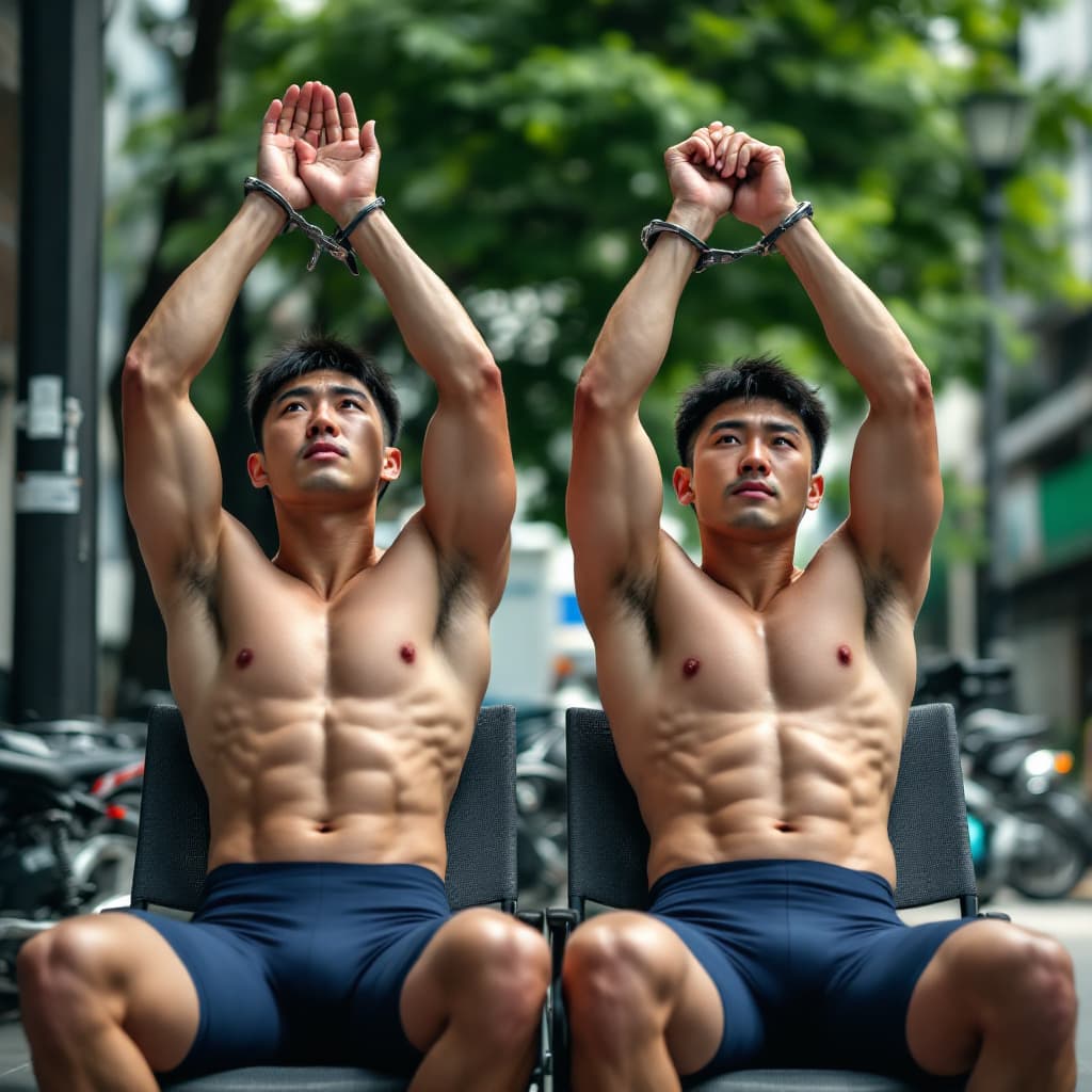 AI generated: Two male Chinese criminals strong  wearing compressive cycling shorts in light navy color in day tim...