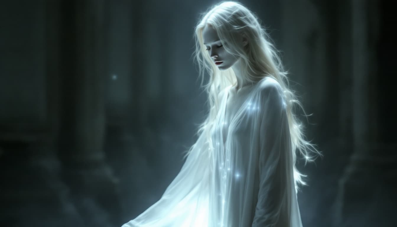 AI generated: The woman is wearing a long, flowing white dress with a V-neckline and long sleeves. The dress is ma...