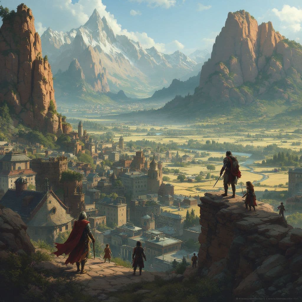 AI generated: A scene of heroic adventure across urban landscape with mountains and plains. Fantasy art style.