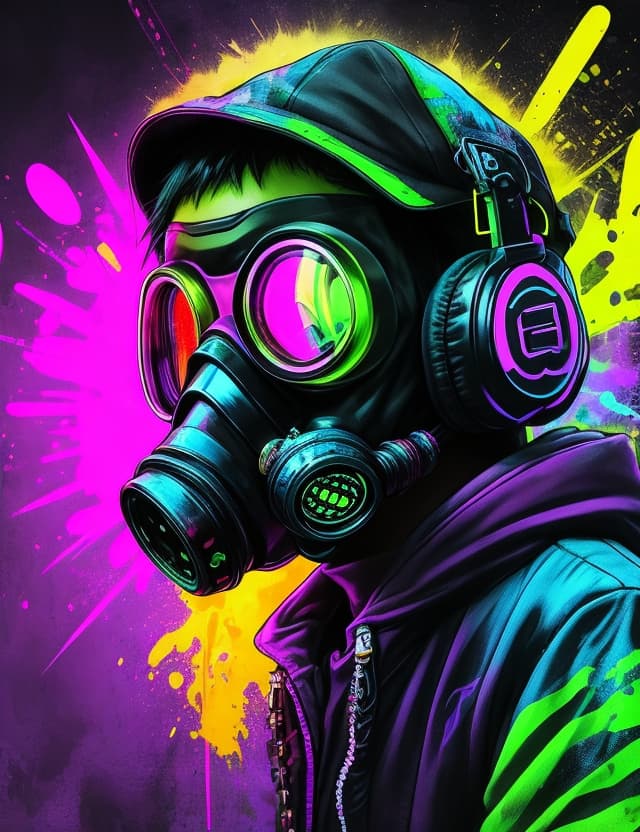 AI generated: neon colors, center of the grafity face of a asian boy , wear fashion hiphop ,head phone,gas mask in...
