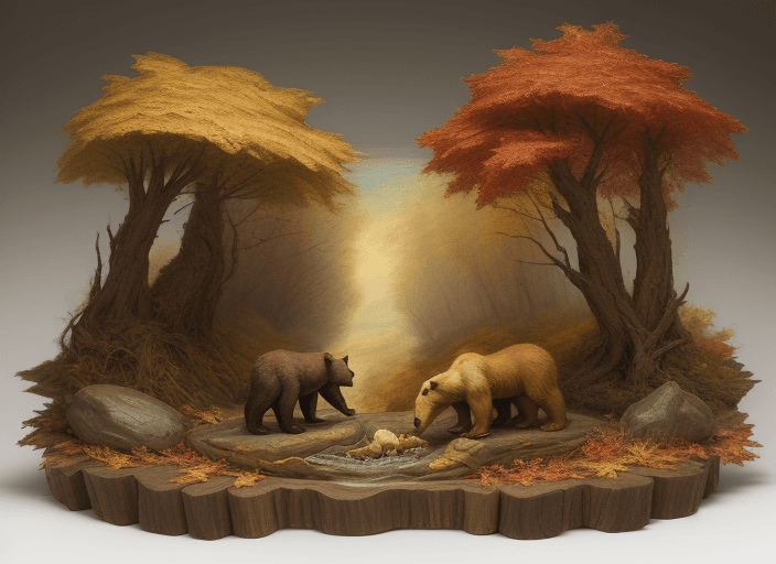 AI generated: Art by Joseph Mallord William Turner, Autumn in the forest with Bear Cub and MaMa, chalkware, 