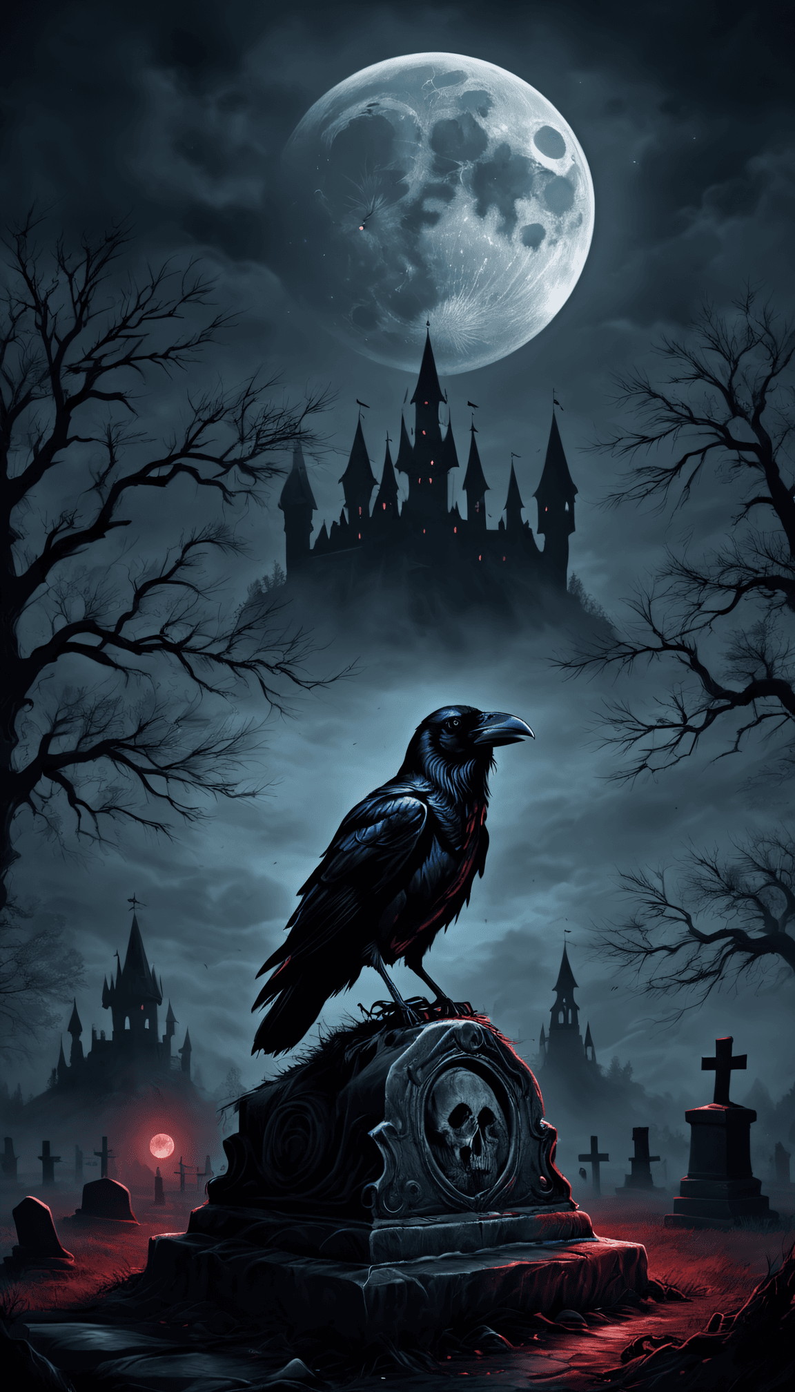 AI generated: Horror movie poster Masterpiece, Best Quality, Photograph of a Raven sitting on grave with a closeup...