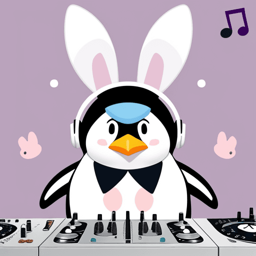 AI generated: dj Penguin  with his headset and matching bunny ears celebrating Easter