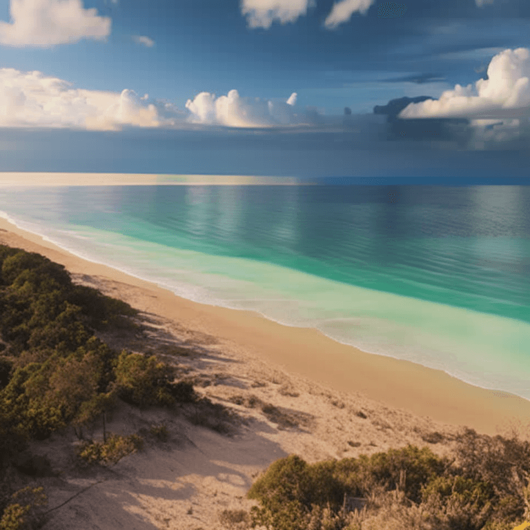 AI generated: oil on canvas,
soaring sky, clouds above a beach below,
beautiful setting, early evening, foreground...