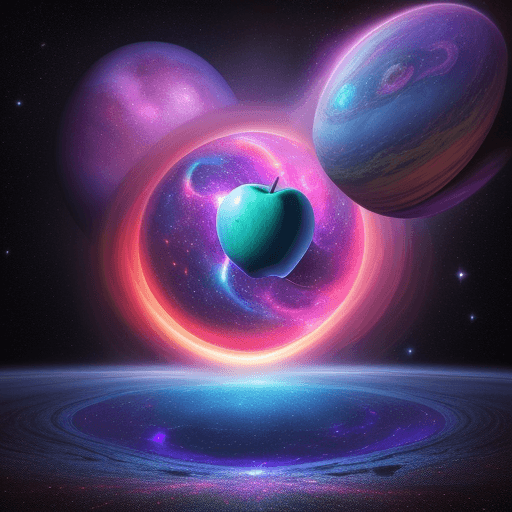 AI generated: Gigantic apple crashing into ground with surrounding galaxies, Vibrant and surreal colors with empha...