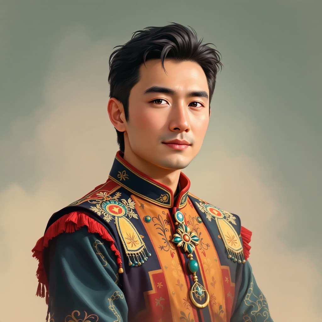 AI generated: cartoon portrait of Akhmet Baitursynov, traditional Kazakh clothes, soft colors, Kazakh style, Asia 