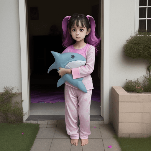 AI generated: 4 years old girl, standing in a house front yard, wearing pink and purple pijamas, carrying shark so...