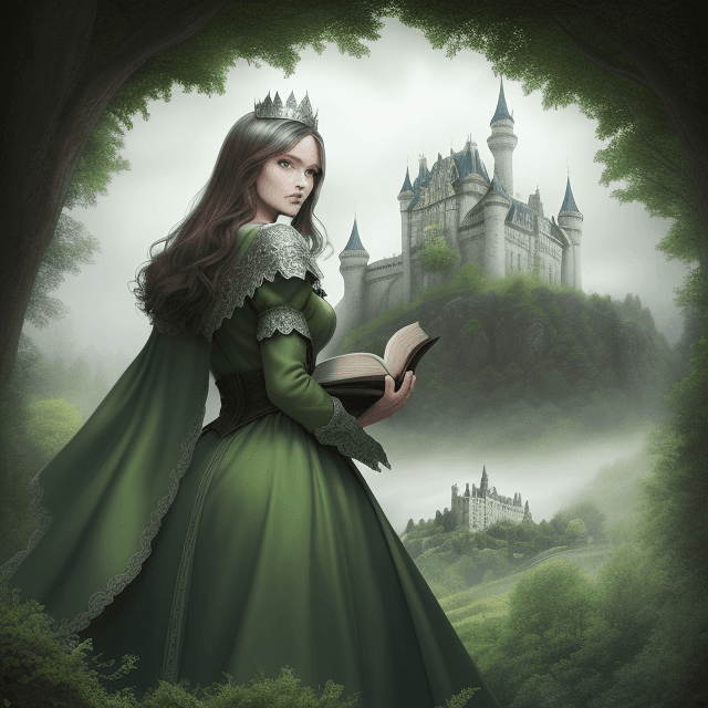 AI generated: this is a book cover, it shows a castle, green color, fog, trees. That woman with blue eyes, brunett...
