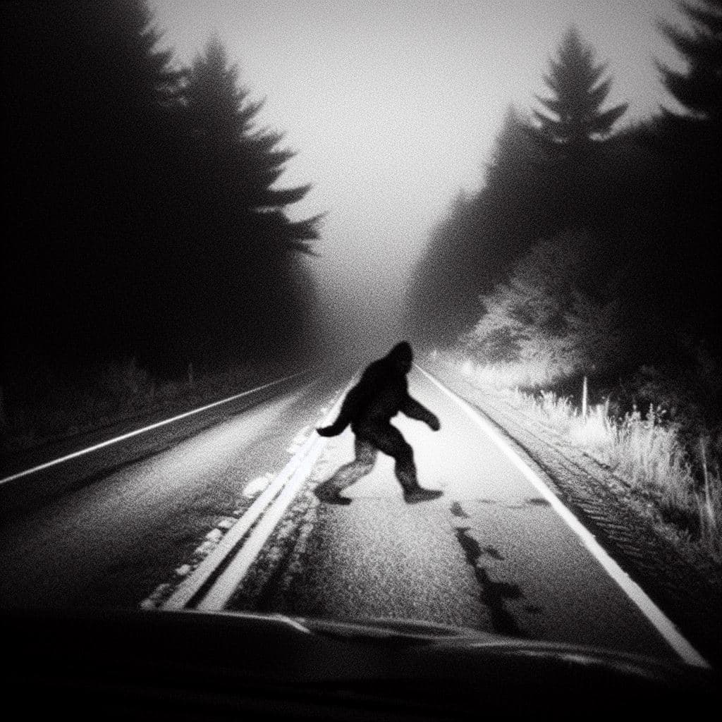 AI generated: A Sasquatch crossing a lonely country road at night, blurry, far away, uncertainty, shadows, bad lig...
