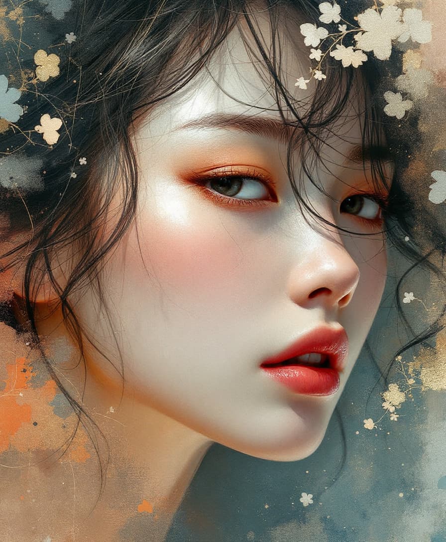 AI generated: a dreamy, abstract painting artwork portrait of a japanese woman 25 years old with her head in full ...