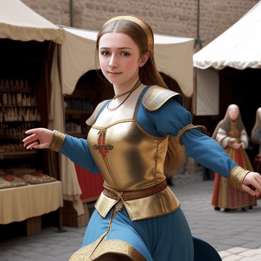 AI generated: A high definition medieval photo of a eastern dancer in a medieval market setting.