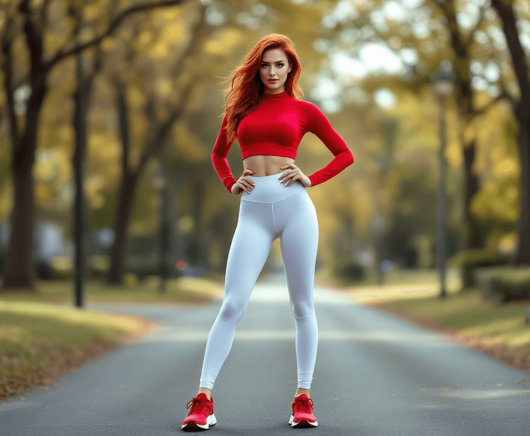 AI generated: Facing the camera, Full body Photograph of a gorgeous woman in a suburban park, slightly-wavy flowin...