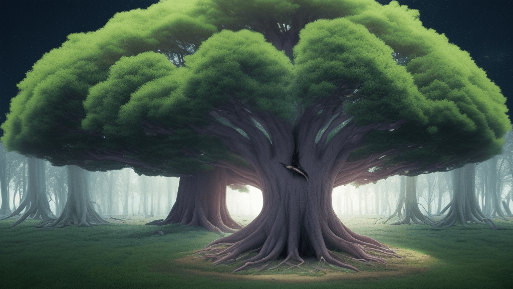 AI generated: "Generate an image of a large tree with elements related to nature and migration. The tree should ha...