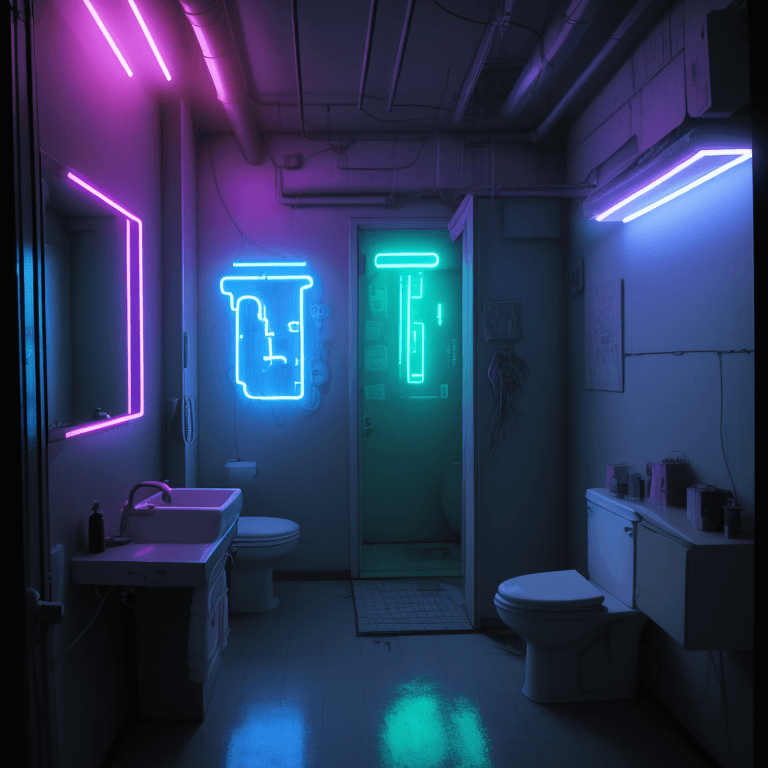 AI generated: nvinkpunk, old apartment, bathroom, neon lights, cyberpunk 