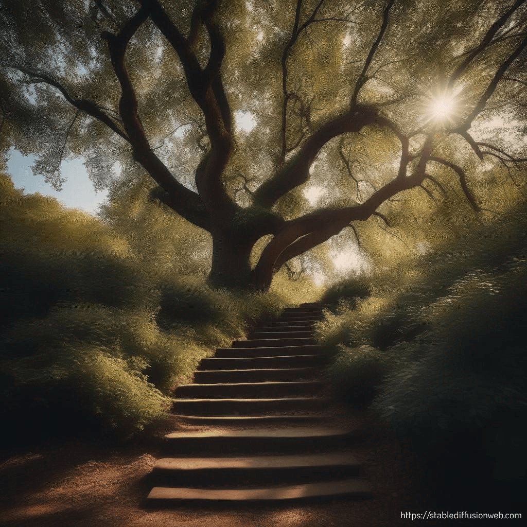 AI generated: stairs in the woods, big tree in middle