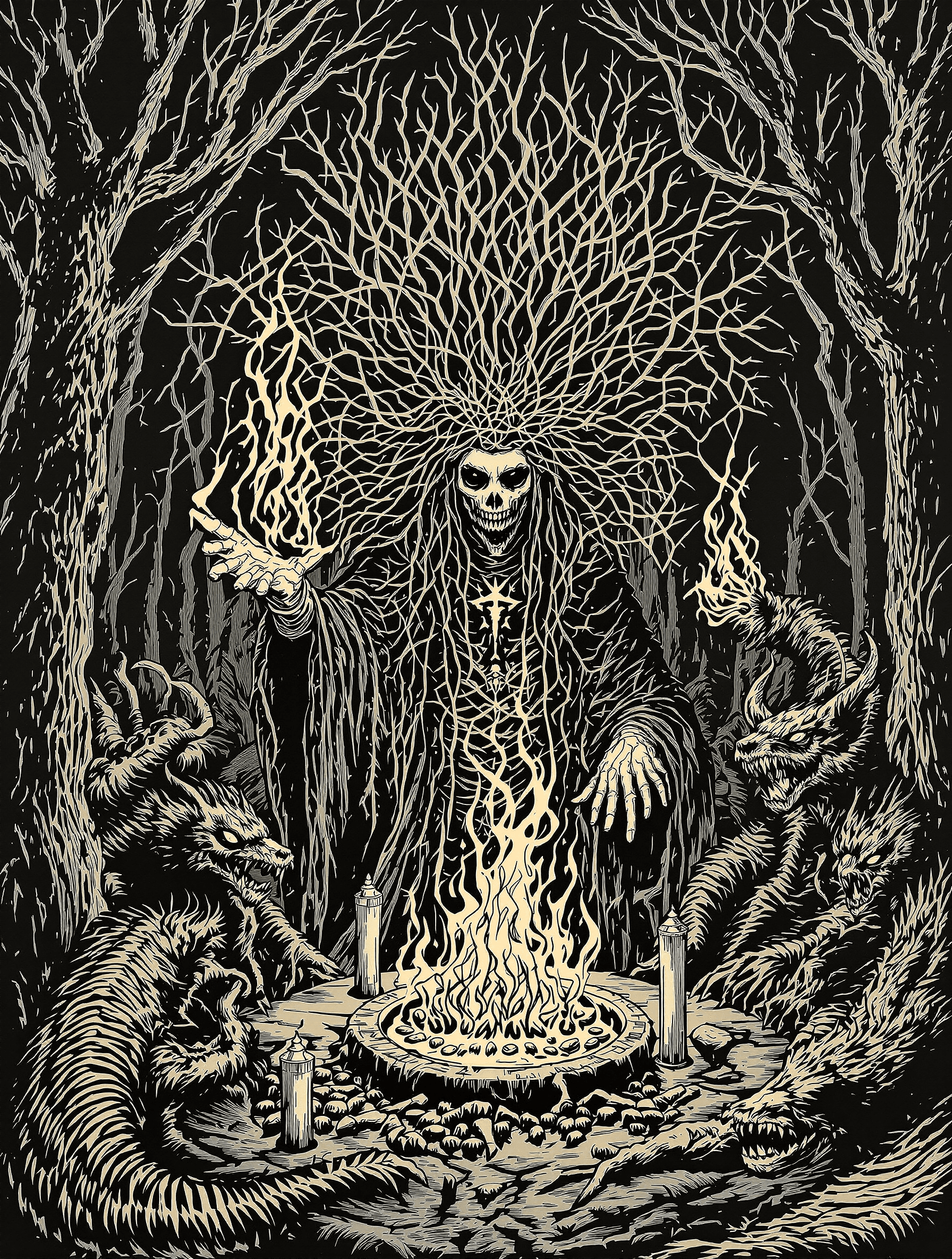 AI generated: Hexe Ancient witch with tangled hair, bone talismans, and hands casting curse-fire. Surrounded by en...
