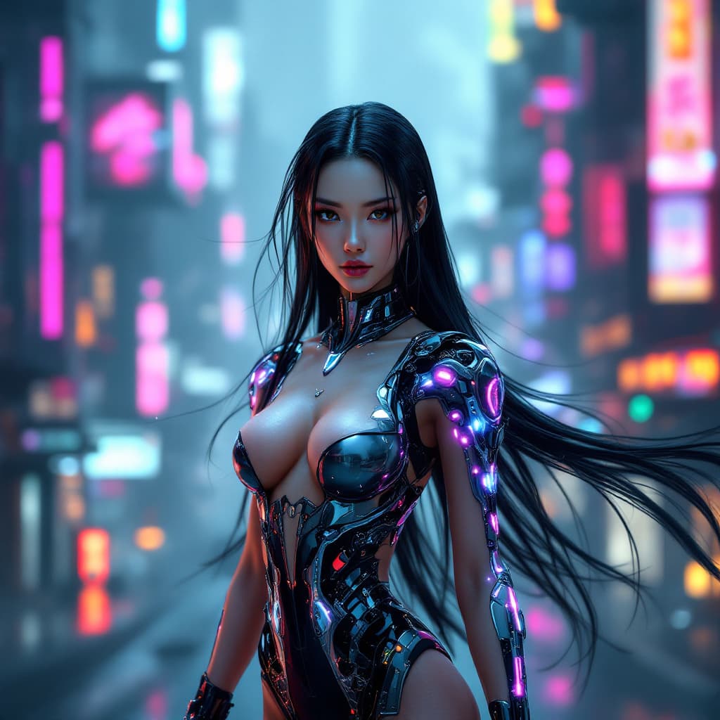 AI generated: A stunningly beautiful full-body cybernetic Asian woman with long, sleek black hair flowing in the w...