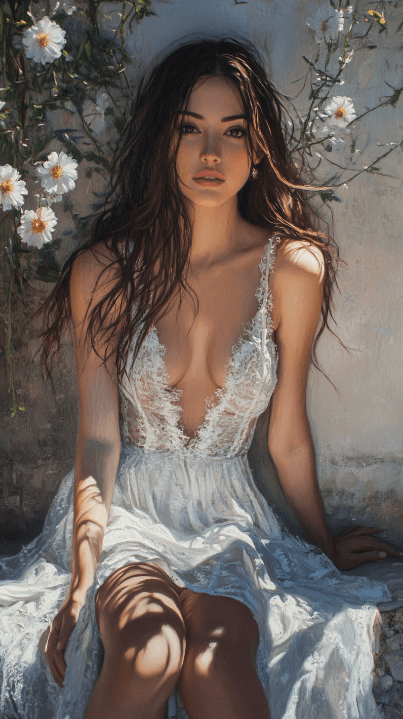 AI generated: A beautiful woman in a white dress sits on a wall, with flowers blooming behind her, soft light, a r...