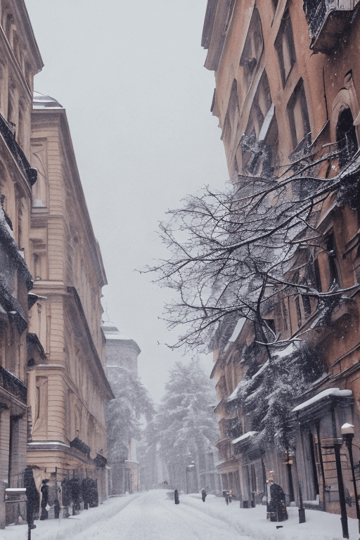 AI generated: Bucharest| street| old town| old city| winter| heavy snow| comprehensive cinematic| Atmosphere| Mast...