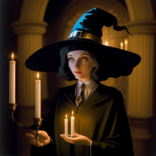 AI generated: stylish witch hat, woman, night time, woman holding a Candelabra with lit candles, art deco, inside ...