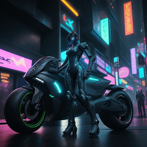 AI generated: Sleek android in a black cybernetic and futuristic exo-suit with a motorcycle in a crowded cyberpunk...