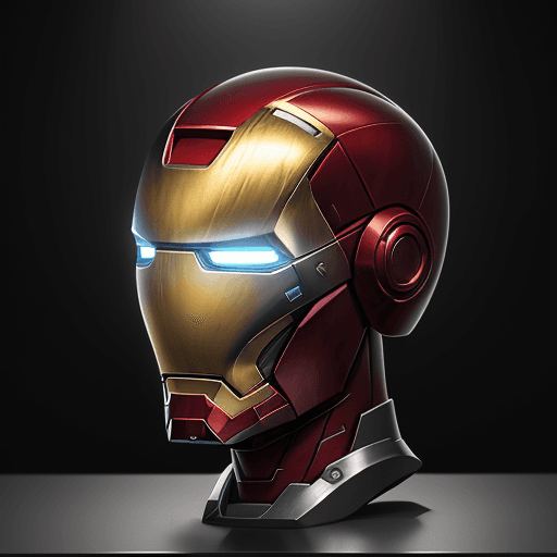 AI generated: helmet on the table with the design and character of iron man The helmet is gold and  Grey dark, no ...