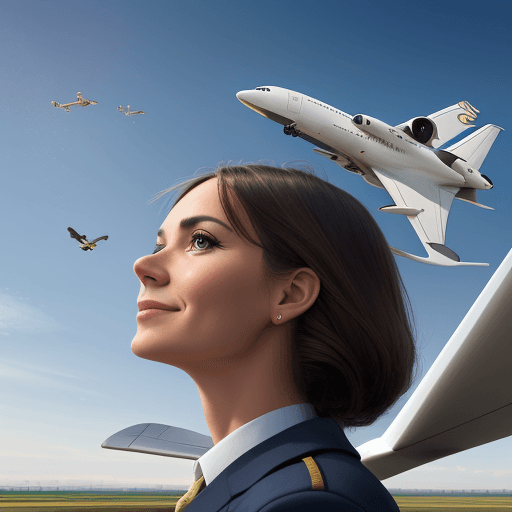 AI generated: a portrait of a proud pilot, in the background is a flying airliner, also flying ducks are infront o...