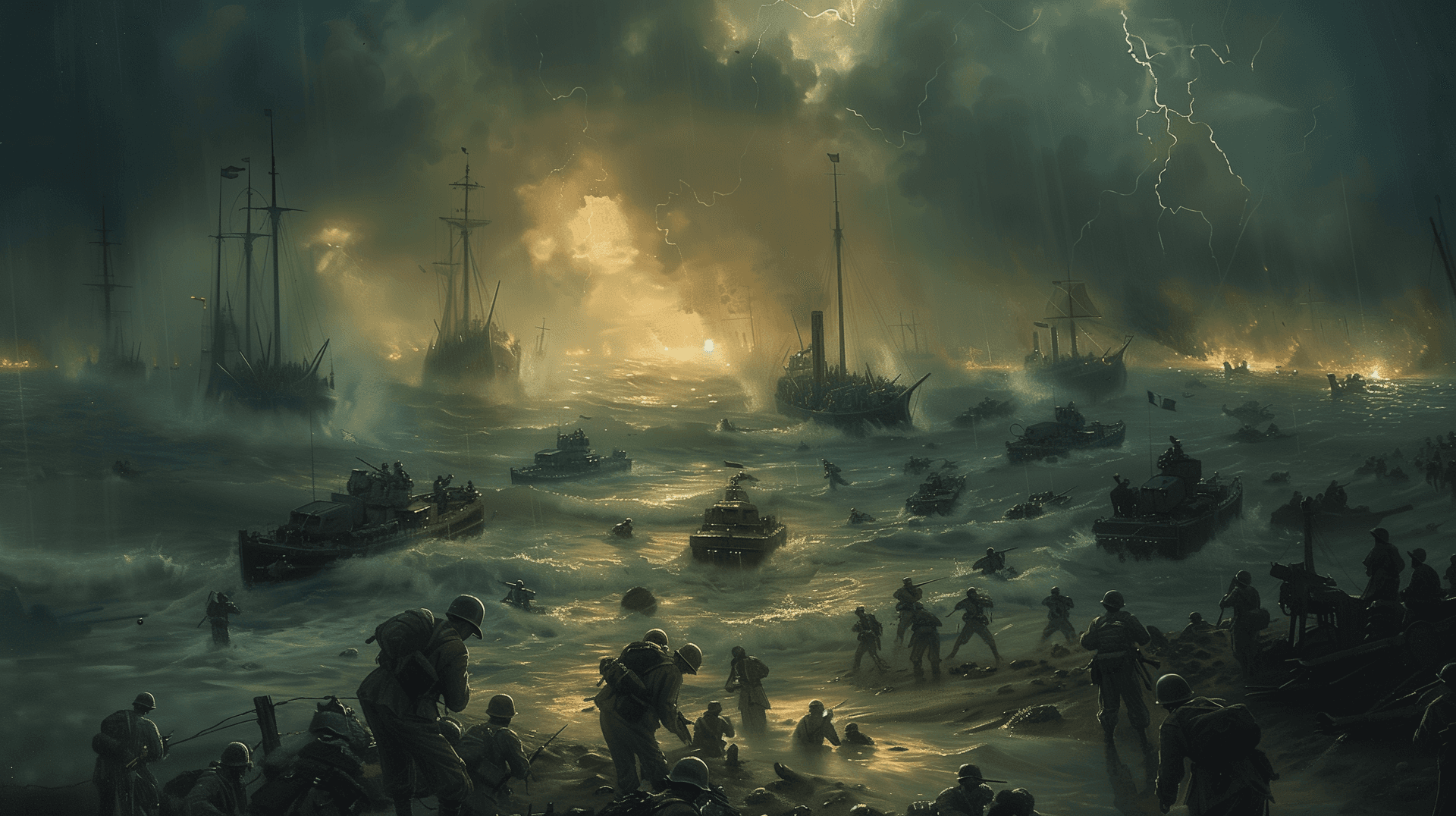 AI generated: a painting of operation overlord's normandy beach assault in style of gustav dore
