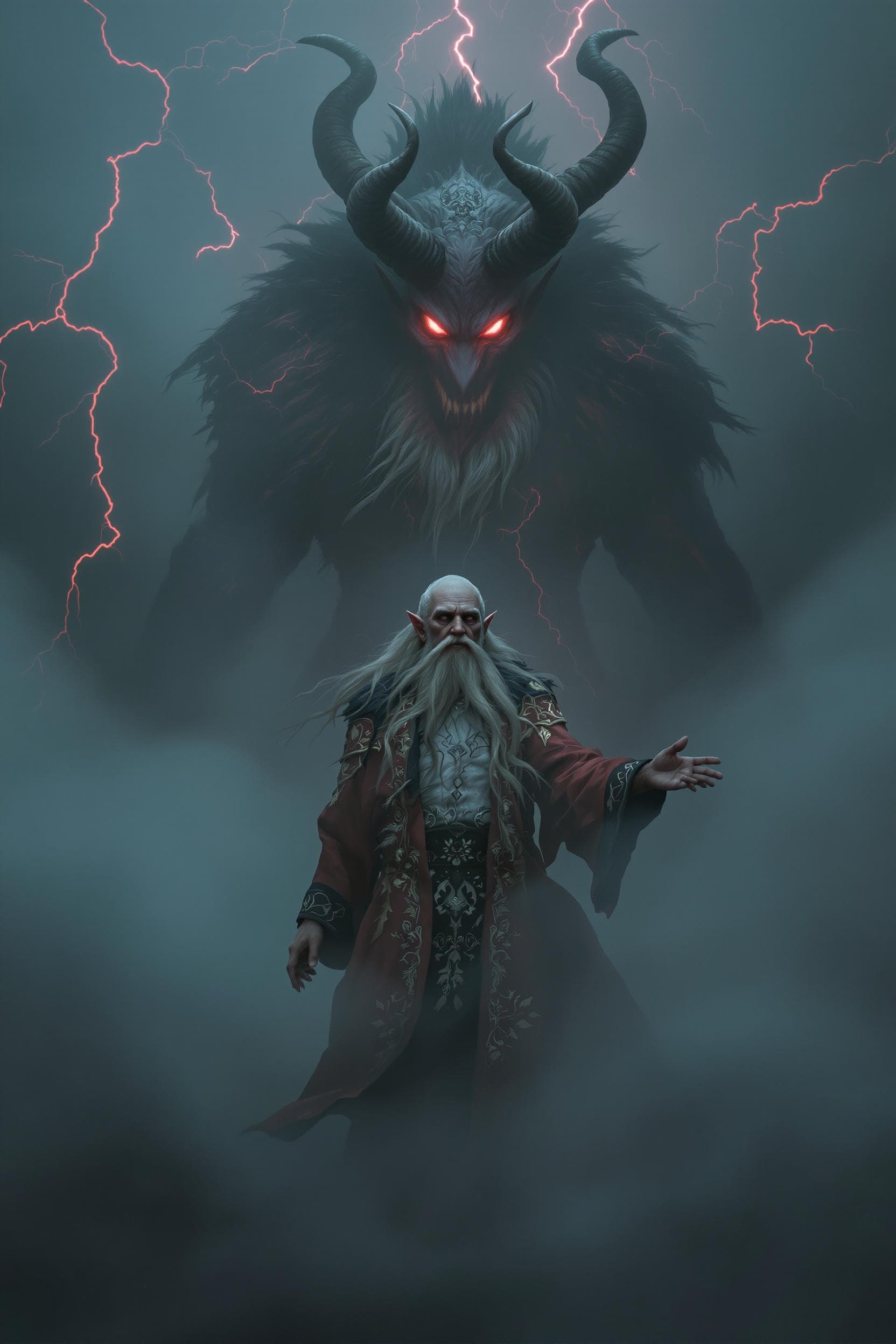AI generated: An old elf druid stands in a thick fog illuminated by eerie red lightning. The elf is dressed in a t...