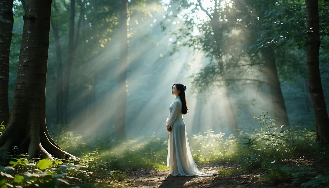 AI generated: masterpiece, best quality, solo woman in misty forest glade,
full-body view, standing figure, soft ...
