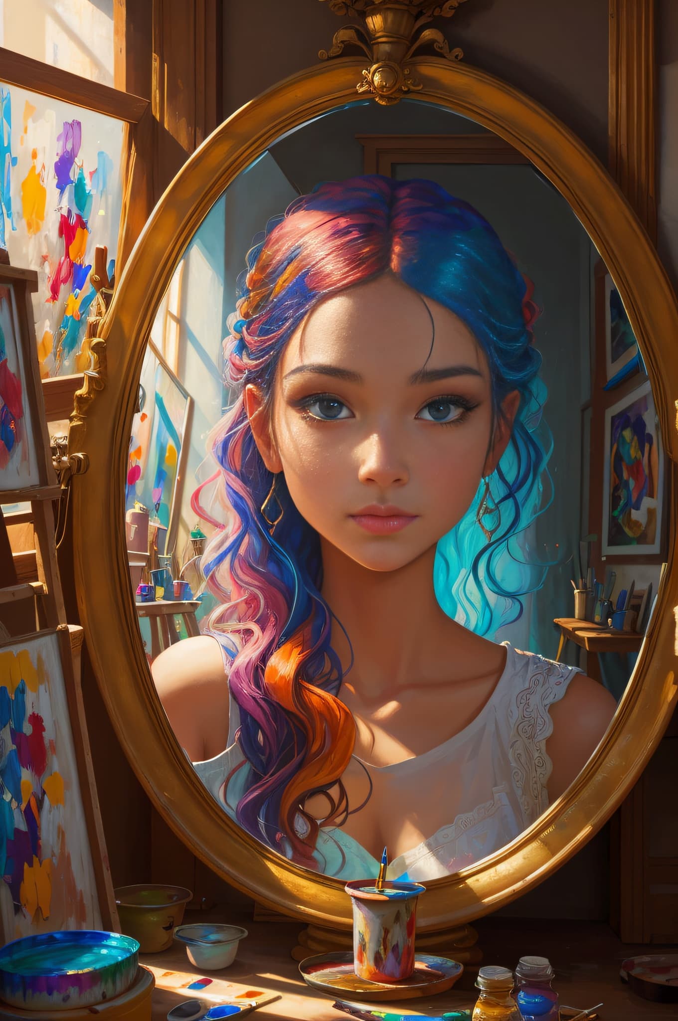 AI generated: masterful colorful painting of a painter in her studio who paints a female painter in a mirror who p...