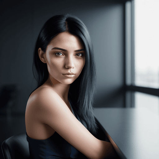 AI generated: PORTRAIT OF A GIRL , IN DARK BLUE BUSINESS COUPLE BLACK 
shoulder-length hair in a modern interior P...