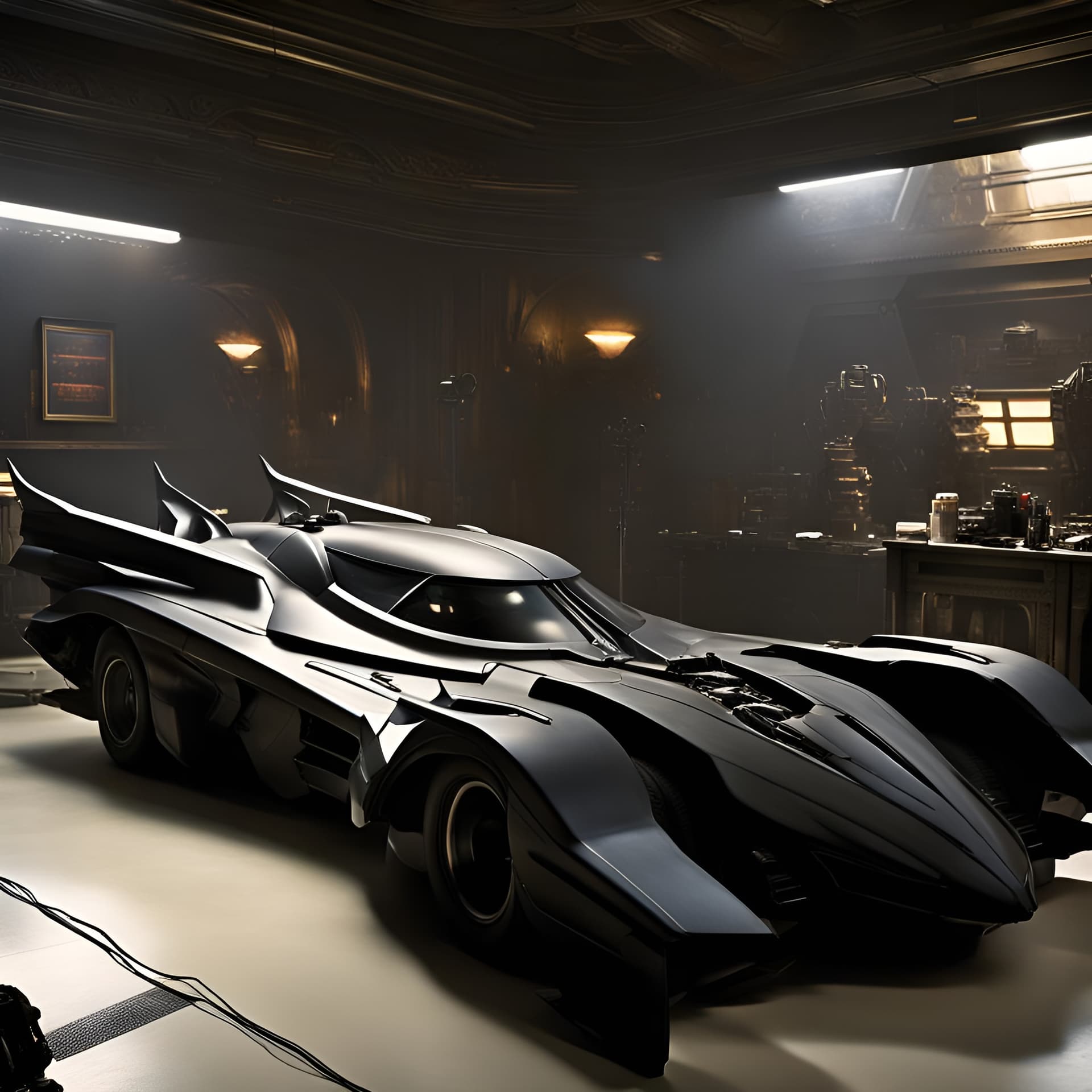 AI generated: a futuristic Batmobile from the dark knight, (detailed stunning environment), cinematic, cover art, ...
