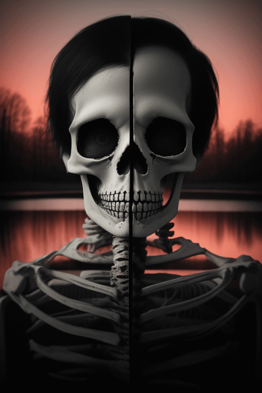 AI generated: a sad Skeleton, in the style of prismatic portraits, red, dadaist photomontage, river at Dusk, gothi...
