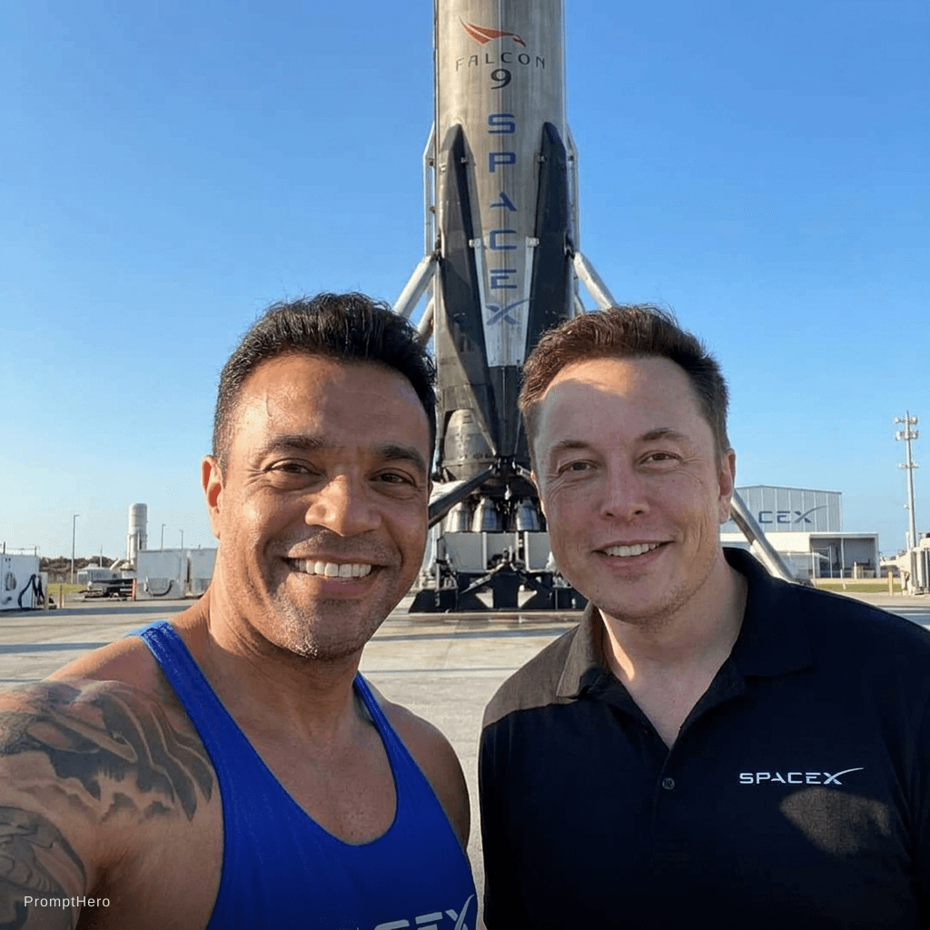 AI generated: with Elon Musk in front of a SpaceX rocket, professional setting