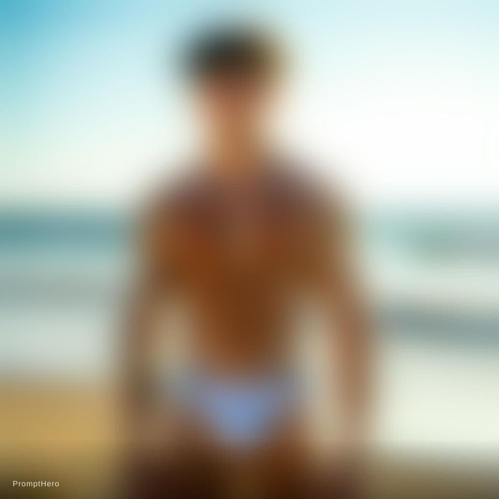 AI generated: Full body,Full image, Realistic photo of a very tanned 20-year-old guy on a sunny beach, stylish cur...