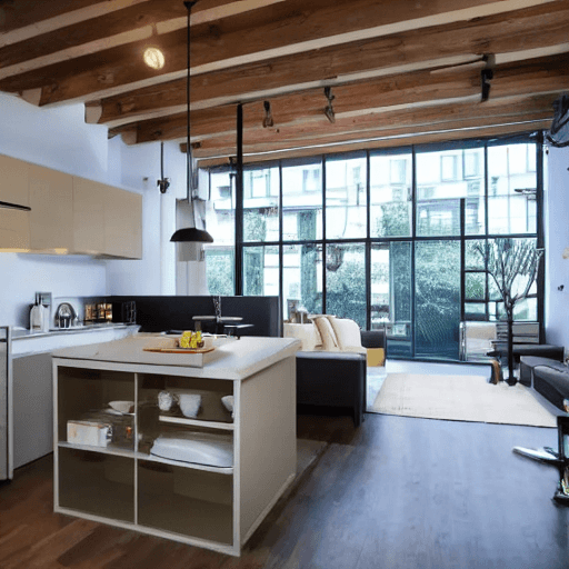 AI generated: interior design, open plan, kitchen and living room, modular furniture with cotton textiles, wooden ...