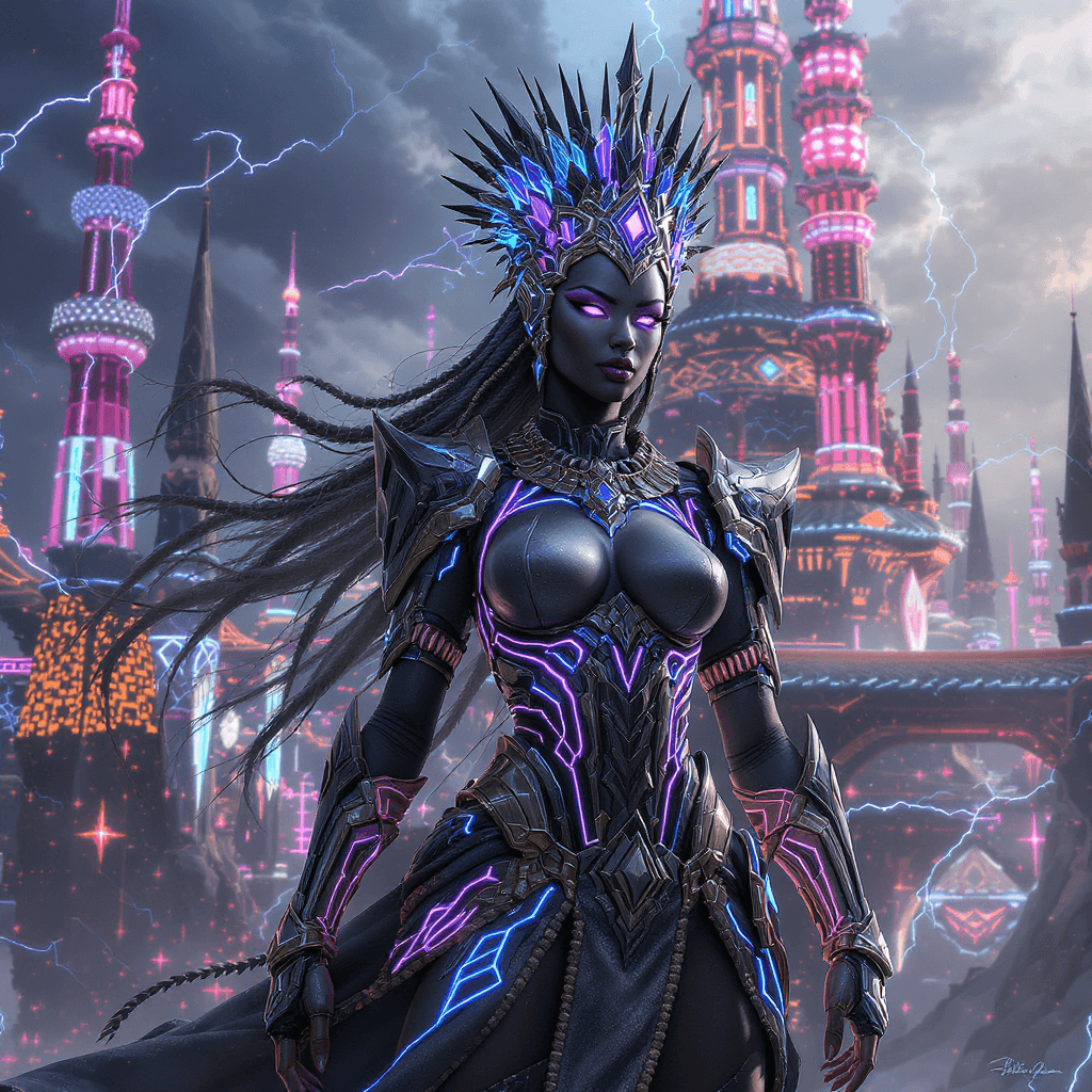 AI generated: Neo Tokyo Afro-fururistic themed background. A Warrior Queen in a 
holographic vibranium armor, cry...
